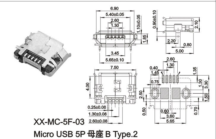 供应micro usb 5p母座 b type.